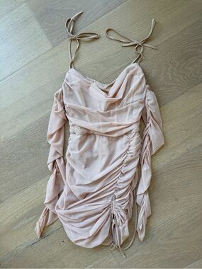 Oh Polly Ruched Off-Shoulder Mini Dress in Blush